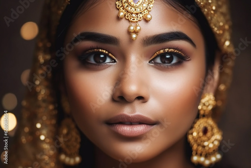 Young beautiful indian woman wearing golden clothing. Generative AI