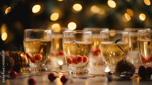 Festive decorated table with small drink glasses. Generative AI photo