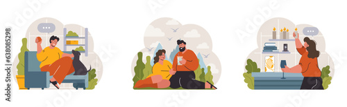 Hygge set. Happy people relaxing at home, family members leisure