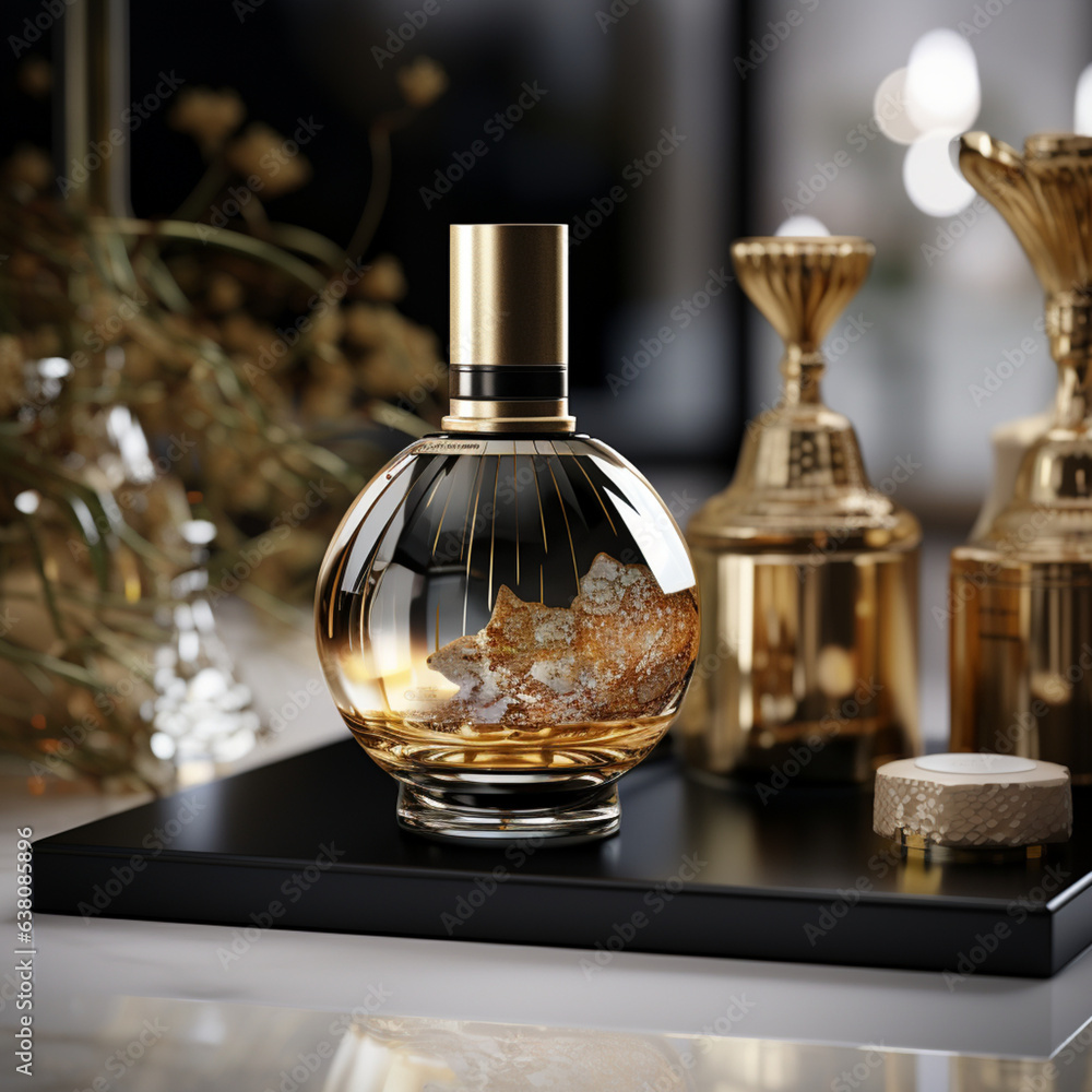Golden Perfume Glass in a luxurious setting Golden Perfume Glass in a luxurious setting