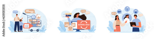 School preparation set. School kids with parents prepare for studying.