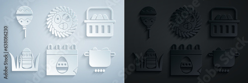 Set Calendar with Easter egg, Basket easter eggs, Egg in hot pot, wicker nest and Balloons ribbon icon. Vector