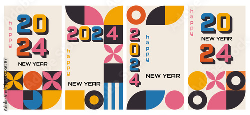 2024 Happy New Year posters set. Vector design templates on geometric style.Minimalistic trendy bauhaus backgrounds.Vector illustration