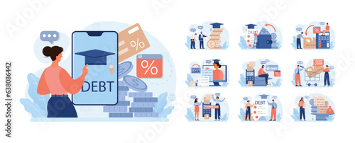 Student debt set. Young graduated character with a financial crisis. Expencive