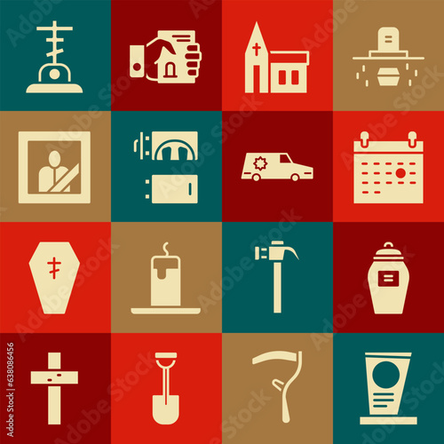 Set Grave with tombstone, Funeral urn, Calendar death, Church building, Crematorium, Mourning photo frame, cross and Hearse car icon. Vector