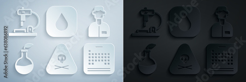 Set Triangle warning toxic, Laboratory assistant, Plant breeding, Periodic table, Water drop and Microscope icon. Vector