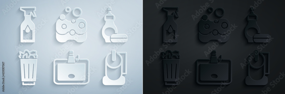 Set Washbasin, Dishwashing liquid bottle, Full trash can, Toilet paper roll, Sponge and Cleaning spray icon. Vector