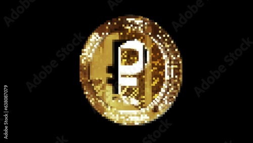 Digital Ruble RUB Cryptoruble cryptocurrency gold coin in retro pixel mosaic 80s style. Rotating golden metal looping abstract concept. 3D loop seamless loopable. photo