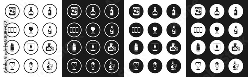 Set Wine bottle, glass, Shot, Glass of whiskey, Beer, Bottle cognac or brandy, Whiskey and Cocktail Bloody Mary icon. Vector