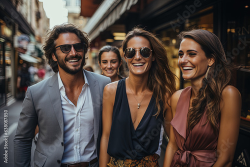 A candid shot of friends in stylish ensembles, their outdoor poses and genuine laughter reflecting their fashionable camaraderie