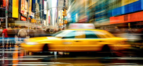 Cars in movement with motion speed blur. A crowded street scene in downtown Manhattan, digital ai