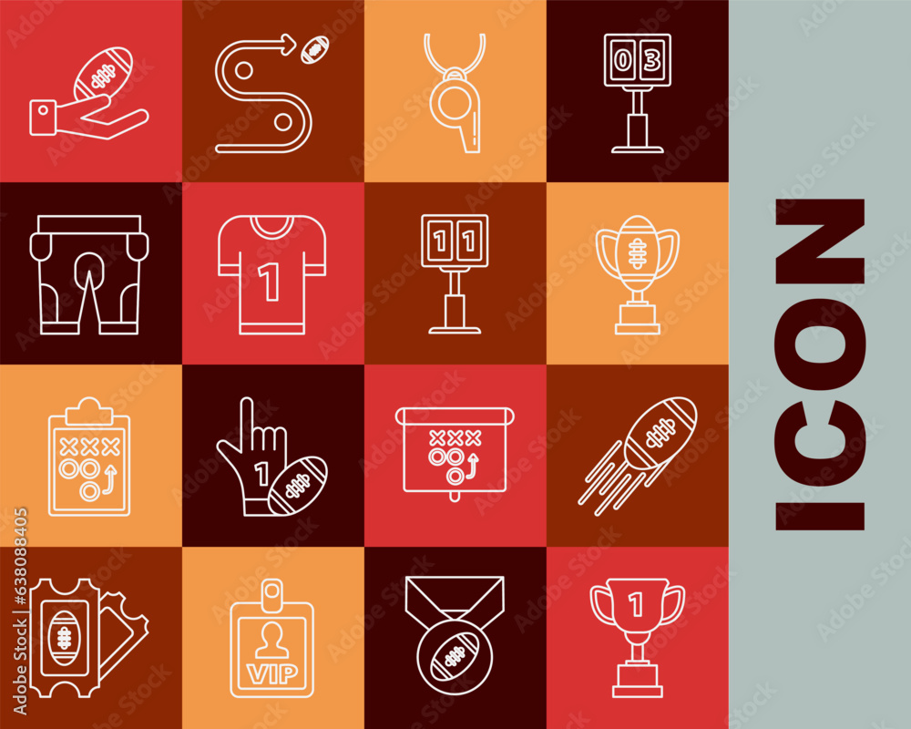 Set line Award cup, American Football ball, and football, Whistle, jersey, shorts, on hand and Sport mechanical scoreboard result display icon. Vector Set line Award cup, American Football ball, and football, Whistle, jersey, shorts, on hand and Sport mechanical scoreboard result display icon. Vector
