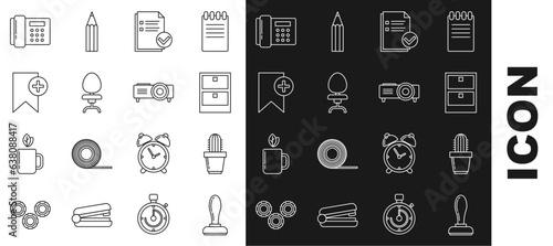 Set line Stamp, Cactus and succulent in pot, Archive papers drawer, Document check mark, Office chair, Bookmark, Telephone and Presentation, movie, film, media projector icon. Vector