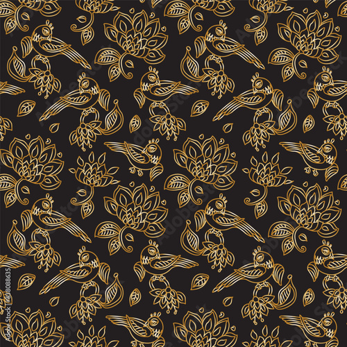 Vector golden seamless pattern. Exotic birds, gold contour thin line fantasy flowers with folk ornaments on a black background