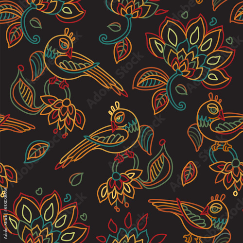 Vector seamless pattern. Exotic birds, colorful contour thin line fantasy flowers with folk ornaments on a black background. Embroidery, wallpaper, textile print, wrapping paper
