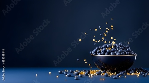 Blueberries in a black bowl with golden confetti. Festive dark blue background.