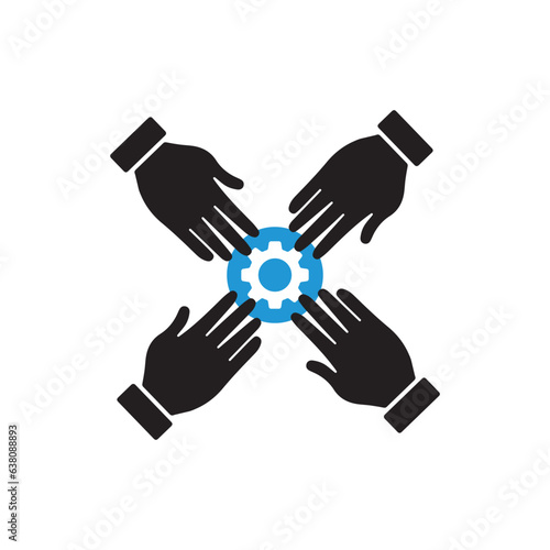 Team work. Team hands together icon with settings sign  customize  setup  manage  process symbol