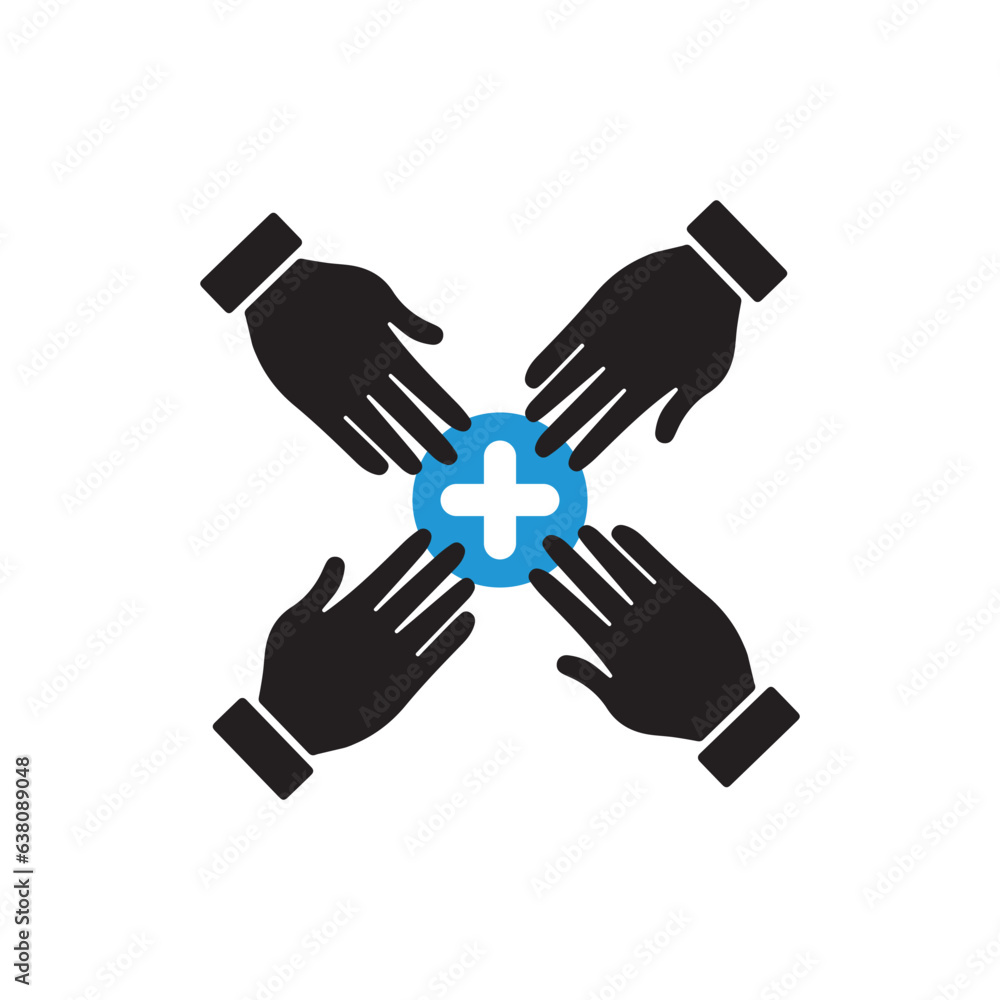 Team work. Team hands together icon with add sign, new, plus, positive symbol Team work. Team hands together icon with add sign, new, plus, positive symbol