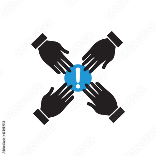 Team work. Team hands together icon with exclamation mark  alert  error  alarm  danger symbol