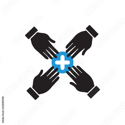 Team work. Team hands together icon with add sign, new, plus, positive symbol