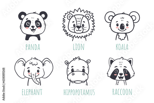 set of funny animals in cartoon style. Flat animals. Doodle illustration of hippo head, panda, koala, lion, raccoon, elephant  for cards, magazins, banners. Vector