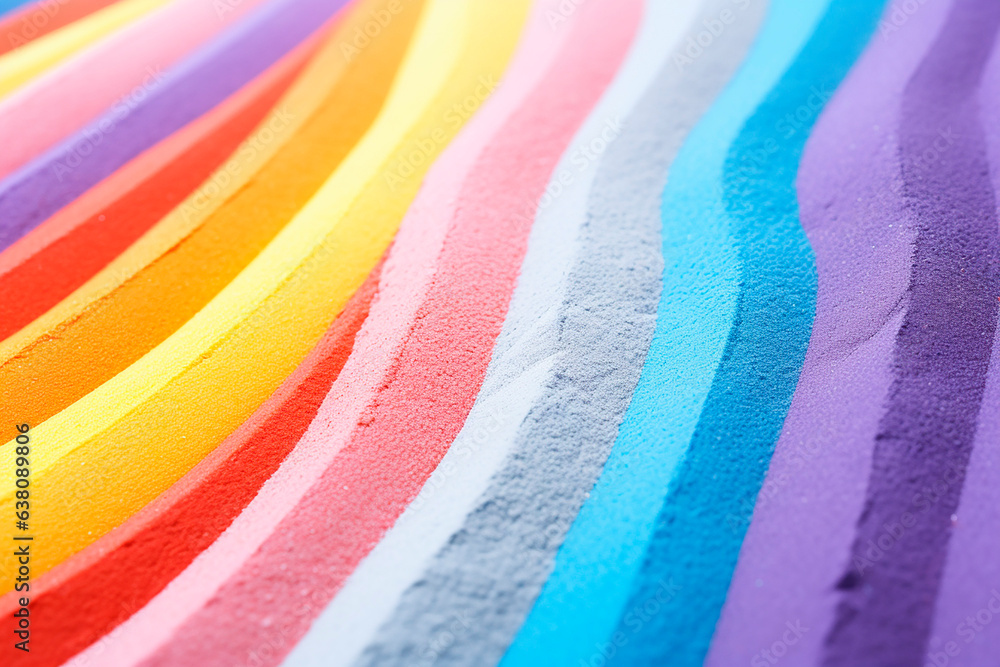Bright illustration of a close-up of a strip of multi-colored rainbow-colored sand and a copy of the space background. The concept of sand, texture, movement, shape and color. Generated AI