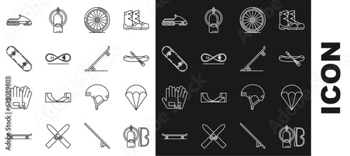 Set line Diving mask and aqualung, Parachute, Rafting boat, Bicycle wheel, Skateboard trick, Snowmobile and icon. Vector