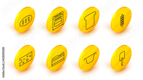 Set line Spatula, Cooking pot, Brownie chocolate cake, Cheese, Cereals with rice, wheat, corn, oats, rye, Bread toast, Oven and loaf icon. Vector