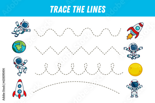 Tracing lines for kids. Cute cartoon  astronaut. Handwriting practice. Educational game for preschool kids. Activity page. Space elements. Vector illustration. 