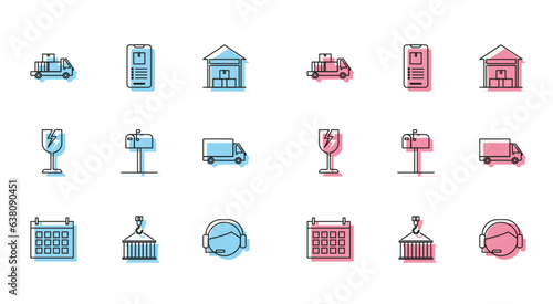Set line Calendar, Delivery truck with cardboard boxes, Support operator touch, Open mail, cargo vehicle, Fragile broken glass symbol and Mobile phone app delivery tracking icon. Vector