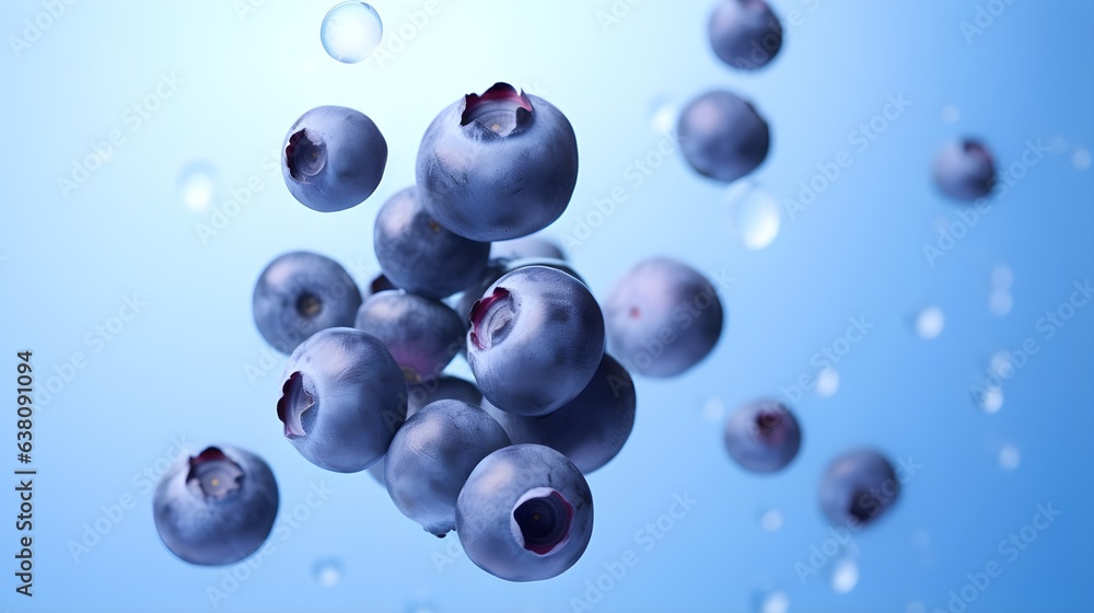 Blueberries flying in the air, selective focus, blue background Blueberries flying in the air, selective focus, blue background