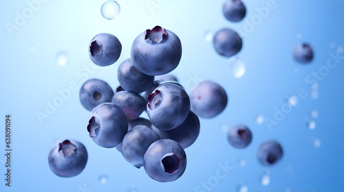 Blueberries flying in the air, selective focus, blue background