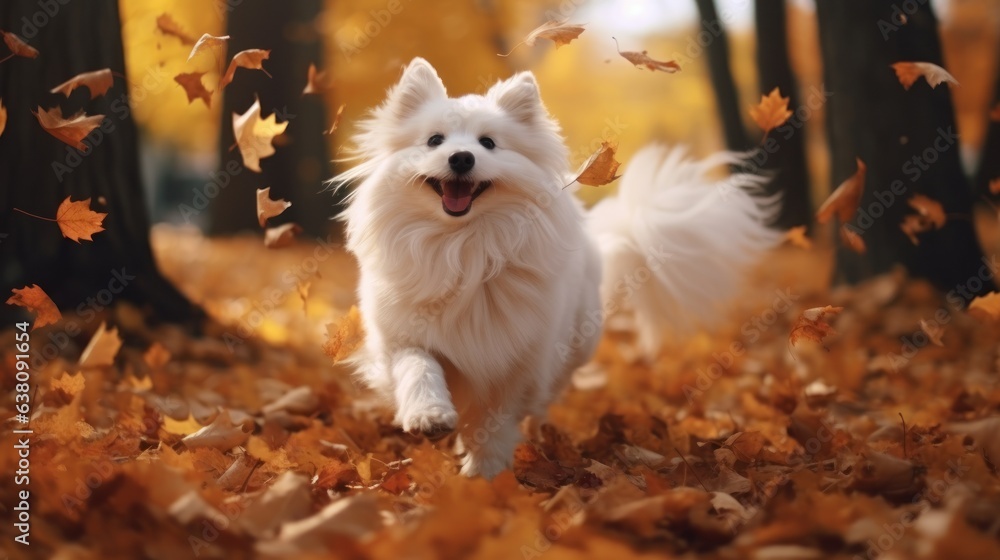 Fototapeta premium White fluffy dog, running in the forest among the falling autumn leaves, happy and waggling, generative ai.