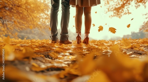 rear view, legs of a guy and a girl, in the forest among autumn falling leaves with a beautiful view. Generative AI © Ceyhun
