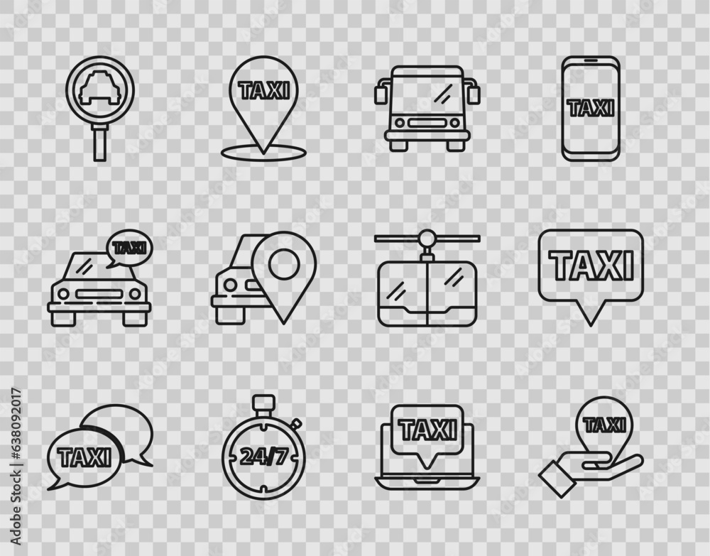 Set line Taxi call telephone service, Hand map pointer with taxi, Bus, Stopwatch 24 hours, Magnifying glass car, Map, Laptop and icon. Vector Set line Taxi call telephone service, Hand map pointer with taxi, Bus, Stopwatch 24 hours, Magnifying glass car, Map, Laptop and icon. Vector