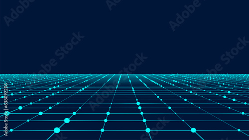 Vector perspective grid. Digital background in retro style. Wireframe landscape on blue background.