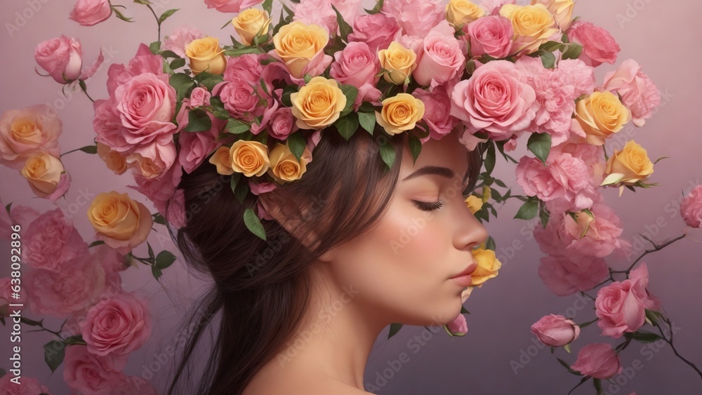 Mental health concept, woman with flowers on her head, self care, peace of mind, Generative AI Mental health concept, woman with flowers on her head, self care, peace of mind, Generative AI
