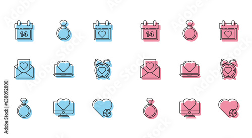 Set line Wedding rings, Computer monitor with heart, Calendar February 14, Heart, Laptop, the center alarm clock, Envelope and icon. Vector