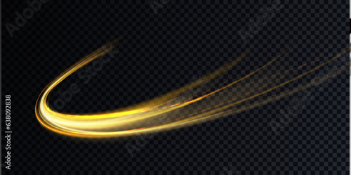 Luminous gold wavy line of light on a transparent background. Gold light