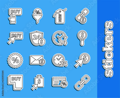 Set line Chain link, Cursor and coin, Magnifying glass dollar, Price tag with New, Shield, Buy button, and Clock 24 hours icon. Vector