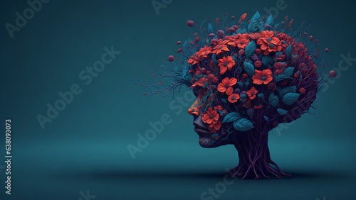 Concept mental health, face with a blooming brain, self care, positive thinking, creative mind, Generative AI
