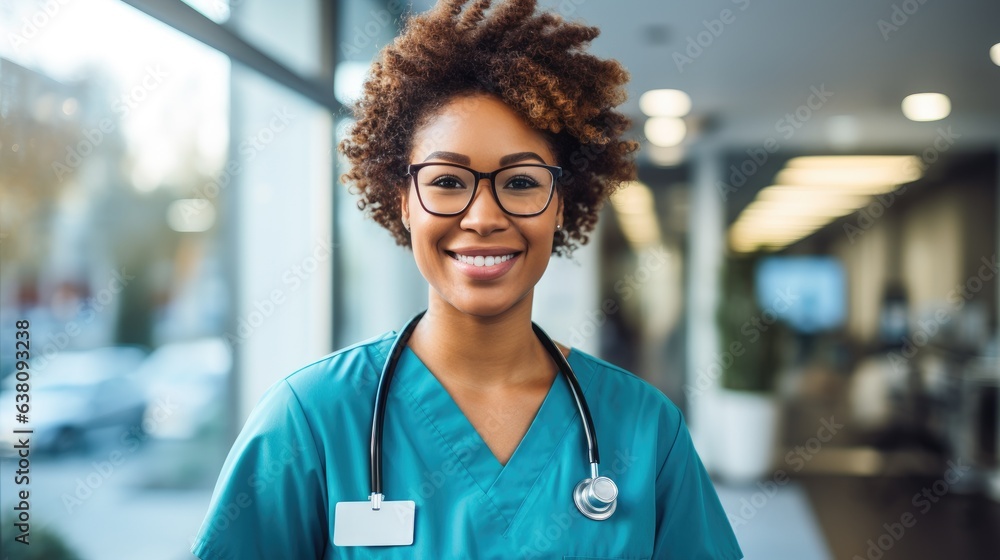 Cute african american medical nurse wearing blue uniform and smiling. Generative AI - obrazy, fototapety, plakaty 