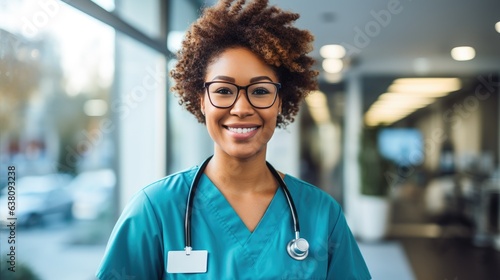 Cute african american medical nurse wearing blue uniform and smiling. Generative AI