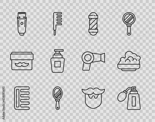 Set line Hairbrush, Aftershave bottle with atomizer, Classic Barber shop pole, Hand mirror, Electrical hair clipper shaver, Bottle of shampoo, Mustache beard and Shaving gel foam icon. Vector