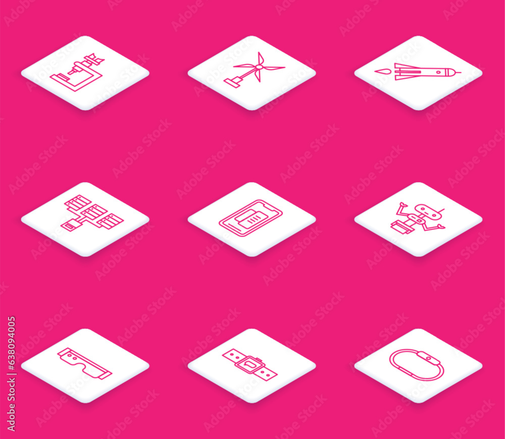 Set line Microscope, Wind turbine, Rocket ship with fire, Server, Data, Web Hosting, Smartphone, mobile phone, Robot, glasses and Smartwatch icon. Vector Set line Microscope, Wind turbine, Rocket ship with fire, Server, Data, Web Hosting, Smartphone, mobile phone, Robot, glasses and Smartwatch icon. Vector