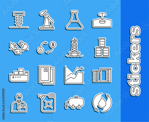 Set line Oil drop, industrial factory building, Barrel oil, petrol test tube, exchange, Wrecked tanker ship, Rotating drill digging hole and rig with fire icon. Vector