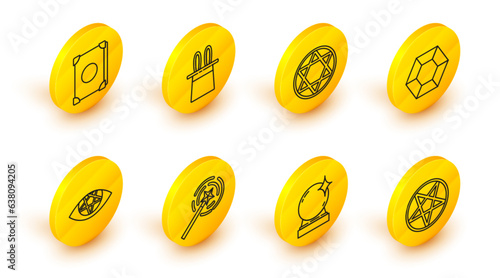 Set line Pentagram in a circle, Magic ball, wand, stone, Star of David, Magician hat rabbit ears and Ancient magic book icon. Vector