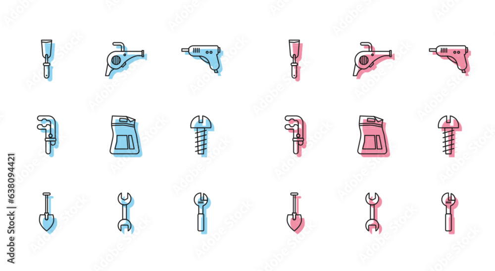 Set line Shovel, Wrench spanner, Putty knife, Adjustable wrench, Cement bag, Metallic screw, Clamp tool and Leaf garden blower icon. Vector Set line Shovel, Wrench spanner, Putty knife, Adjustable wrench, Cement bag, Metallic screw, Clamp tool and Leaf garden blower icon. Vector
