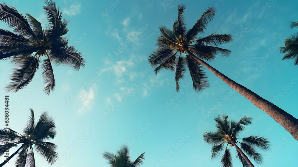 up view of large palm trees in the sky - obrazy, fototapety, plakaty 