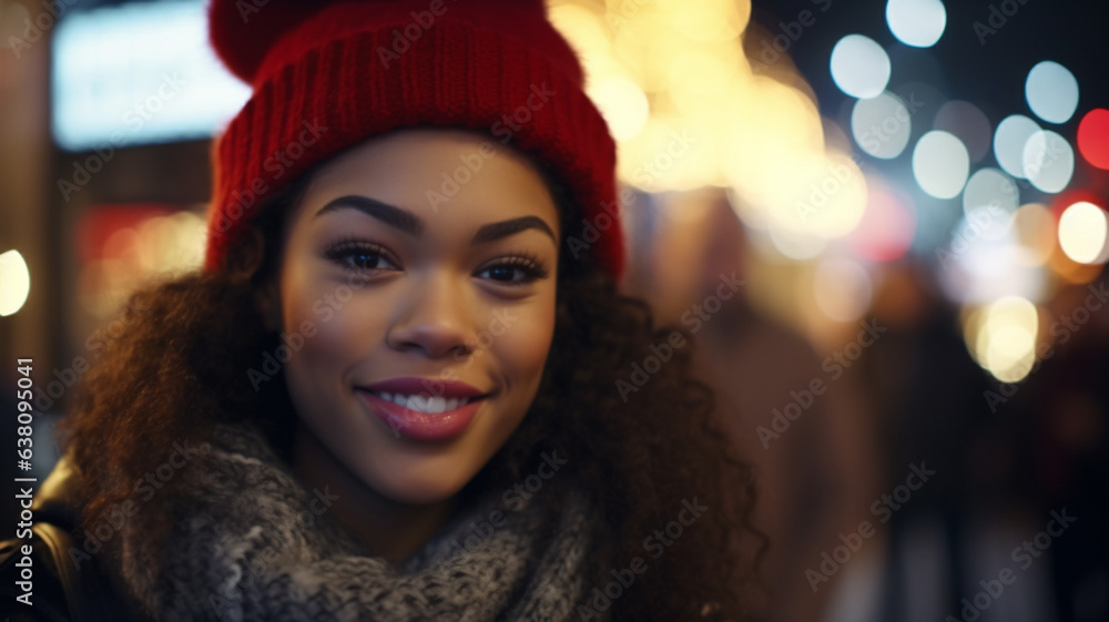 Young adult woman smiling happy and content, wearing a winter scarf and thick winter jacket, outdoors in city life with festive illuminations at Christmas or wintertime or New Year's Eve Young adult woman smiling happy and content, wearing a winter scarf and thick winter jacket, outdoors in city life with festive illuminations at Christmas or wintertime or New Year's Eve